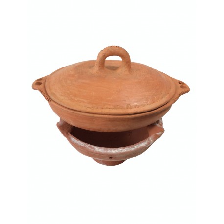 Plat tajine de cuisson en terre cuite tagra ovale et son brasero sans armature Plat tajine de cuisson en terre cuite tagra ovale et son brasero sans armature