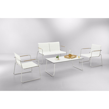 Salon de jardin Tilos en inox et tissu blanc