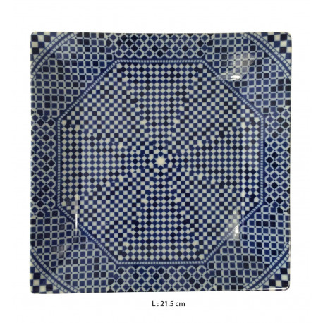 Assiette plate carrée en porcelaine 21,5 x 21,5 cm bleue