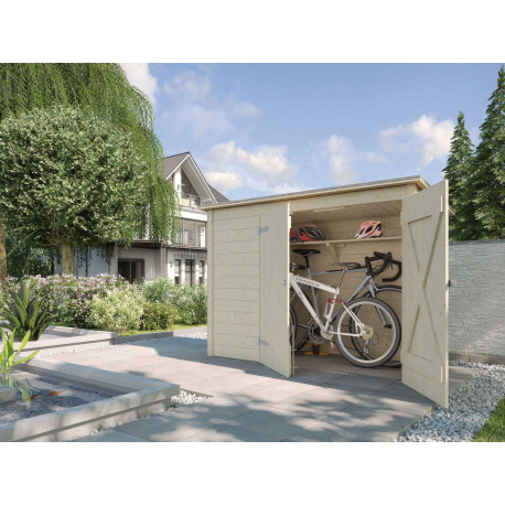 Abri pour vélos et poubelles avec une porte double en épicéa brut - 84 x 205 x 151 cm