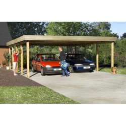 Carport double en pin traité avec toit plat – 784 x 604 x 240 cm pour 45 m²