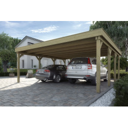 Carport double pour véhicules en bois traité autoclave - 591 x 576 x 240 cm - Toiture acier galvanisé