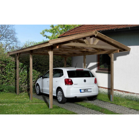 Abri de Voiture en pin traité autoclave de 11,20 m² - 389 x 288 x 270 cm - Toiture bardeau bitumeux