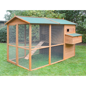 Poulailler Oslo avec grande volière en bois traité avec toit en toile goudronnée – Capacité 8 à 12 poules – 278 x 195 x 180 cm