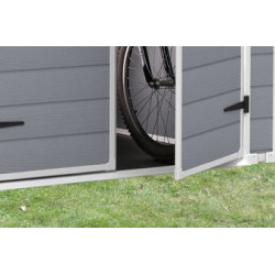 Abri de jardin en résine de couleur gris aspect bois – 185,8 x 236,8 x 227 cm – 4,4 m² 