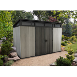 Abri de jardin en résine Brossium gris brossé personnalisable avec toit monopente - 342 x 218 x 226 cm – 7,4 m²