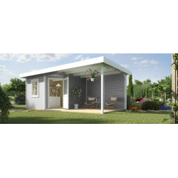 Abri de jardin avec terrasse couverte avec toit plat gris clair - 278 x 586 x 237 cm – 12,87 m²