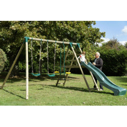 Portique balançoire Comanche en bois avec toboggan + 2 balançoires et 1 vis-à-vis – 330 x 260 x 230 cm