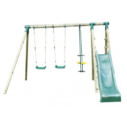 Portique balançoire Comanche en bois avec toboggan + 2 balançoires et 1 vis-à-vis – 330 x 260 x 230 cm