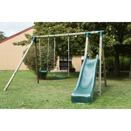 Portique balançoire Comanche en bois avec toboggan + 2 balançoires et 1 vis-à-vis – 330 x 260 x 230 cm