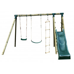 Portique balançoire Navajos en bois avec toboggan + 2 balançoires et 1 échelle – 330 x 260 x 230 cm