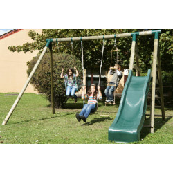 Portique balançoire Navajos en bois avec toboggan + 2 balançoires et 1 échelle – 330 x 260 x 230 cm