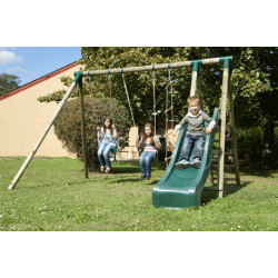 Portique balançoire Navajos en bois avec toboggan + 2 balançoires et 1 échelle – 330 x 260 x 230 cm