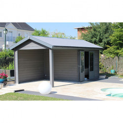 Abri de jardin en composite et alu gris avec auvent – 7,20 m² – 6 x 3 x 2 m  - Toiture volige composite