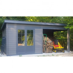 Abri de jardin en composite et aluminium gris avec auvent – 7,20 m² - 6 x 3 x 2,5 m - Toiture volige composite