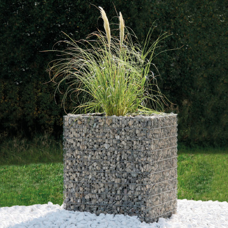 Jardinière en acier carrée gabion 75 x 75 x 100 cm avec galets