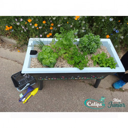 Jardinière Calipso en polypropylène 40L gris et bleu pastel avec panier 4 L + kit outils de jardin – 81 x 39 x 50 cm