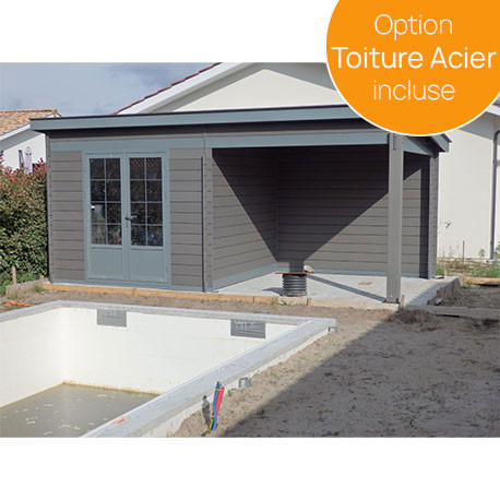 Abri de jardin en composite et aluminium gris avec auvent 7,20 m² 6 x 3 x 2,5 m – Toiture Acier 