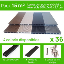 Pack complet pour 15 m² lames de terrasse alvéolaires réversibles en composite– 260 x 14,6 x 2,4 cm – 4 coloris 