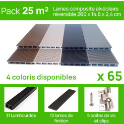 Pack complet pour 25 m² lames de terrasse alvéolaires réversibles en composite– 260 x 14,6 x 2,4 cm – 4 coloris 