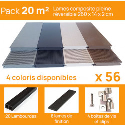 Pack complet pour 20 m² lames de terrasse pleines réversibles en composite– 260 x 14 x 2 cm – 4 coloris 