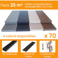 Pack complet pour 25 m² lames de terrasse pleines réversibles en composite– 260 x 14 x 2 cm – 4 coloris 