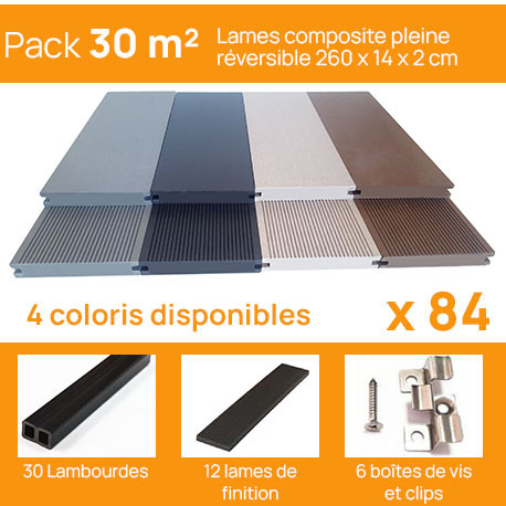 Pack complet pour 30 m² lames de terrasse pleines réversibles en composite– 260 x 14 x 2 cm – 4 coloris