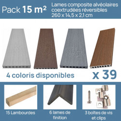 Pack complet pour 15 m² lames de terrasse alvéolaires coextrudées réversibles en composite – 260 x 14,5 x 2,1 cm – 4 coloris 