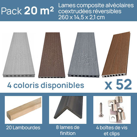 Pack complet pour 20 m² lames de terrasse alvéolaires coextrudées réversibles en composite – 260 x 14,5 x 2,1 cm – 4 coloris 