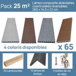 Pack complet pour 25 m² lames de terrasse alvéolaires coextrudées réversibles en composite – 260 x 14,5 x 2,1 cm – 4 coloris 