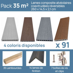 Pack complet pour 35 m² lames de terrasse alvéolaires coextrudées réversibles en composite – 260 x 14,5 x 2,1 cm – 4 coloris 