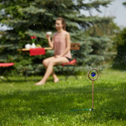 Arroseur de surface rotatif en forme de fleur avec boules bleues en cuivre et fer – 18 x 3,5 x 59 cm