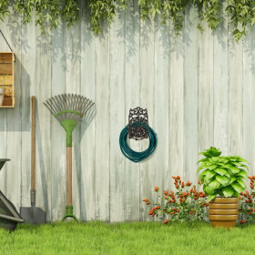 Support mural pour tuyau d’arrosage pivotant en fonte – 23 x 18 x 34 cm – Noir / Or