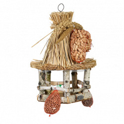 Table à oiseaux avec toit en chaume et nourriture pour oiseaux  Bois et paille