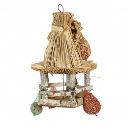 Table à oiseaux avec toit en chaume et nourriture pour oiseaux  Bois et paille