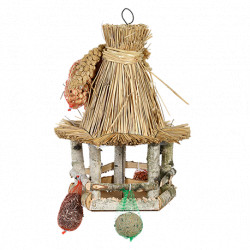Table à oiseaux avec toit en chaume et nourriture pour oiseaux  Bois et paille