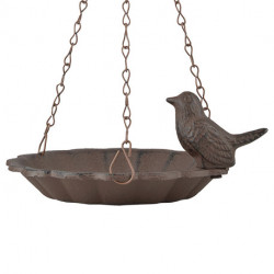 Bain oiseaux à suspendre avec oiseau décoratif – Fonte et métal – 16 x 16 x 7,6 cm - Marron