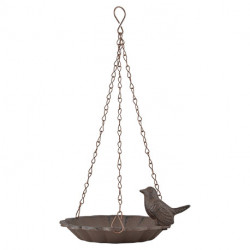 Bain oiseaux à suspendre avec oiseau décoratif – Fonte et métal – 16 x 16 x 7,6 cm - Marron