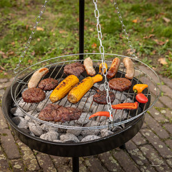 Brasero de jardin rond avec trépied et grille de cuisson en acier – 67,5 x 77 x 157 cm