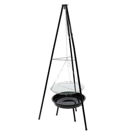 Brasero de jardin rond avec trépied et grille de cuisson en acier – 67,5 x 77 x 157 cm