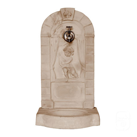 Fontaine de jardin murale Angelot en pierre reconstituée vieillie – 42 x 37 x 82 cm – ton pierre