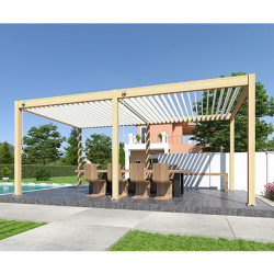 Pergola bioclimatique autoportée en alu Woodlook bois naturel/Blanc – 3 x 6 m – 18 m² - Ombréa