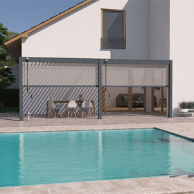 Pergola bioclimatique adossée en alu Anthracite – 3 x 6 m -18 m² - avec 2 stores 3 m - Ombréa