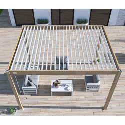 Pergola bioclimatique autoportante en alu Woodlook bois naturel – 3 x 4 m – 12m² - avec store 4 m Blanc - Ombréa