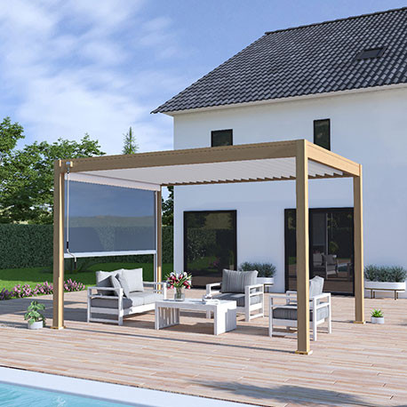 Pergola bioclimatique autoportante en alu Woodlook bois naturel – 3 x 4 m – 12m² - avec store 4 m Blanc - Ombréa