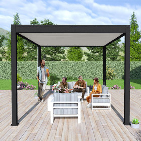 Pergola bioclimatique autoportante en alu Noir – 3 x 4 m -12m² - avec store 4 m Blanc - Ombréa
