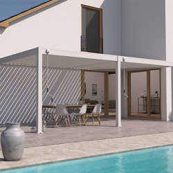 Pergola bioclimatique adossée en alu Blanc – 3 x 6 m – 18 m² - Lame orientables manuellement - Ombréa