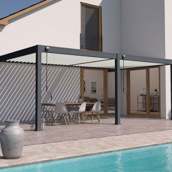 Pergola bioclimatique adossée en alu Anthracite/Blanc – 3 x 6 m – 18 m² - Lame orientables manuellement - Ombréa