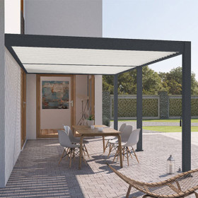 Pergola bioclimatique adossée en alu Anthracite/Blanc – 3 x 6 m – 18 m² - Lame orientables manuellement - Ombréa