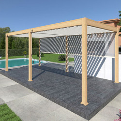 Pergola bioclimatique autoportante en alu Woodlook bois naturel – 3 x 6 m – 18 m² - avec 2 stores 3 m Blanc - Ombréa